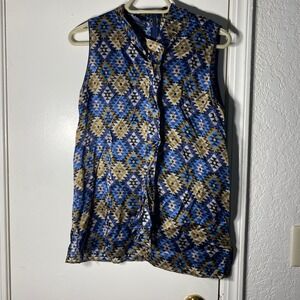 Lafayette 148 New York Blue Gold Geometric Ikat 100% Silk Sleeveless Blouse S